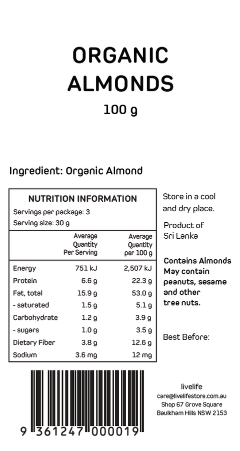 Livelife Organic Almonds - 100g