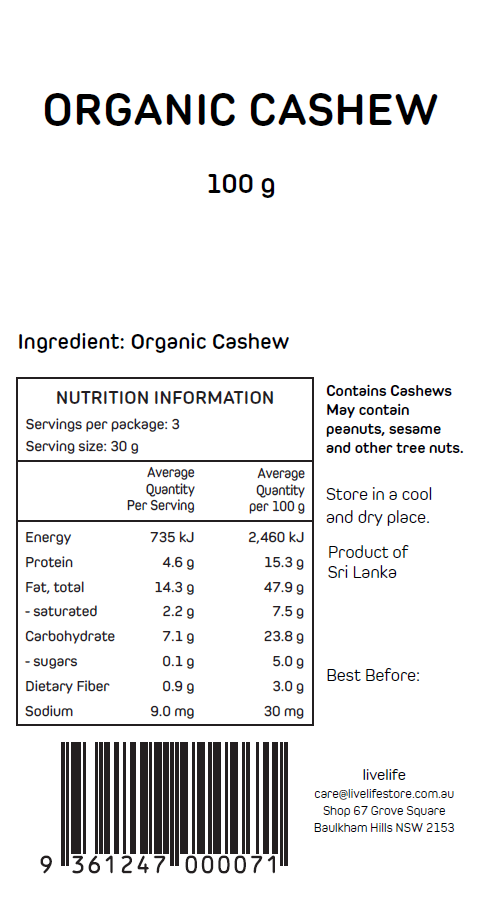 Livelife Organic Cashews - 100g