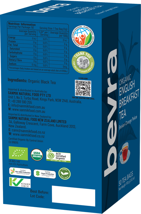 Bevra Organic English Breakfast Tea Bags 100g – 100% Certified Organic English Breakfast Tea