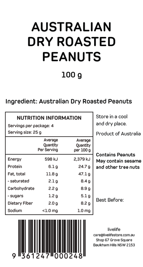 Livelife Australian Dry Roasted Peanuts - 100g