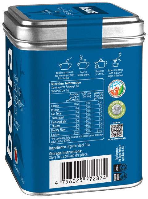 Bevra Organic English Breakfast Loose Leaf Tea 100g – 100% Certified Organic English Breakfast Tea