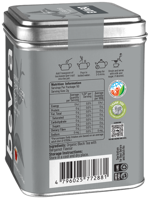 Bevra Organic Earl Grey Tea Loose Leaf 100g – 100% Certified Organic Black Tea with Bergamot