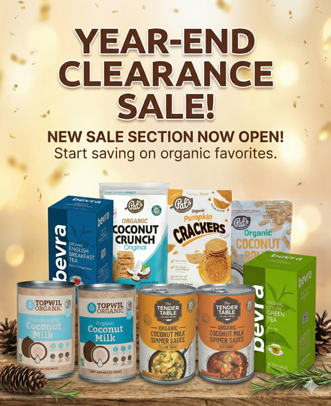 Promotional image for a year-end clearance sale featuring organic food products on a wooden surface with a warm background.