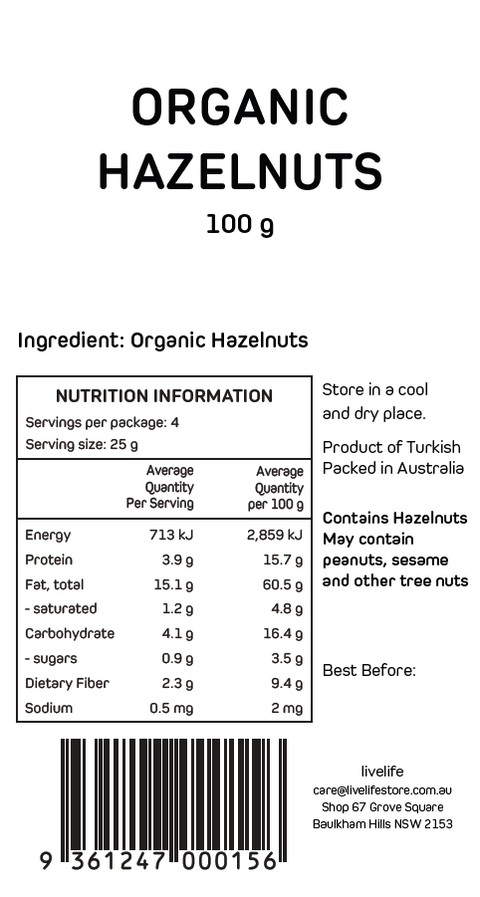 Livelife Organic Hazelnuts - 100g