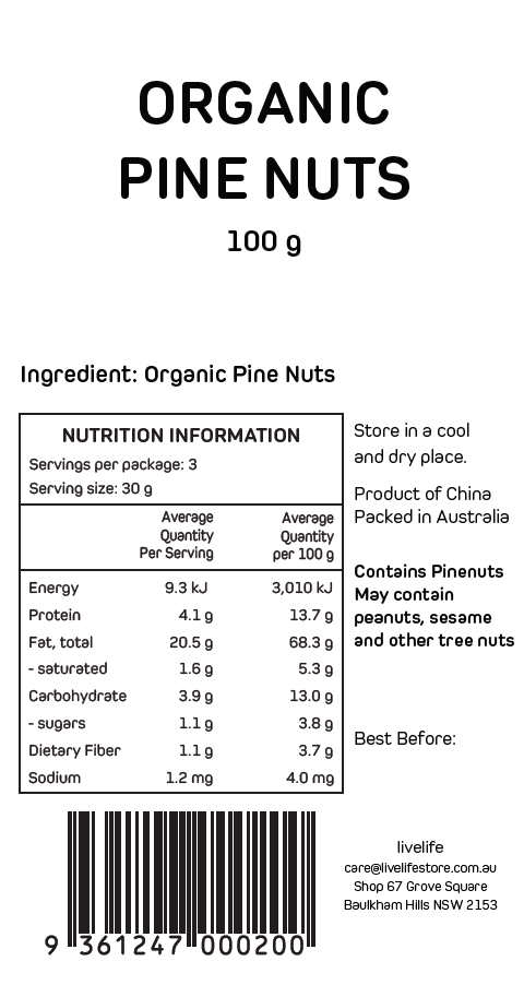 Livelife Organic Pine Nuts - 100g