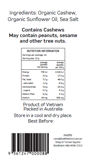 Livelife Organic Cashew Oil Roasted and Salted  - 250g