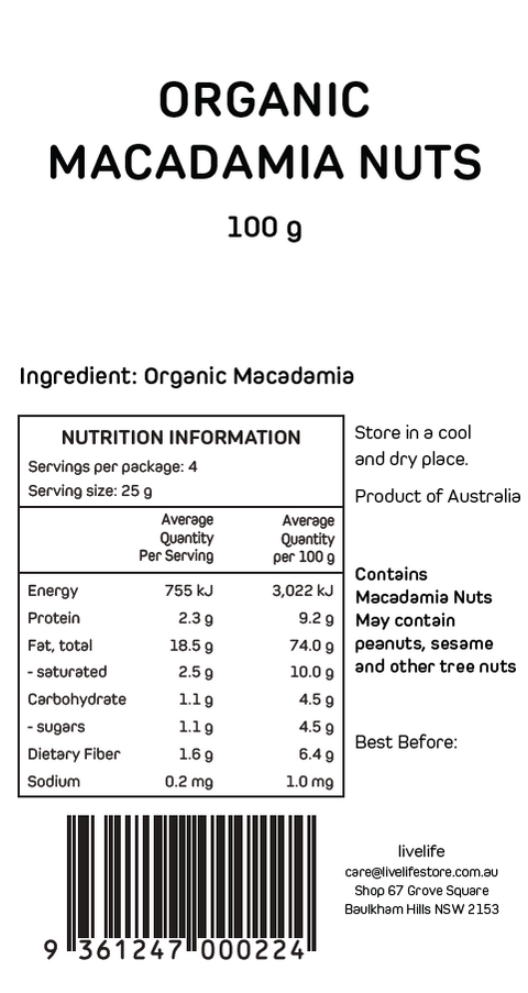 Livelife Organic Macadamia Nuts - 100g