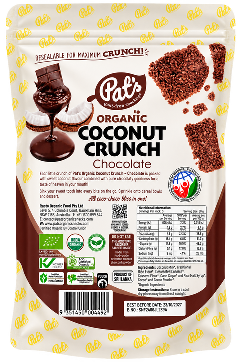 Pats - Organic Coconut Crunch chocolate 150g