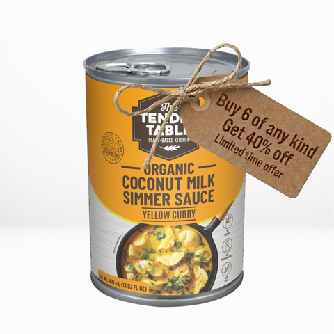 Can of organic coconut milk simmer sauce with a promotional tag on a white background