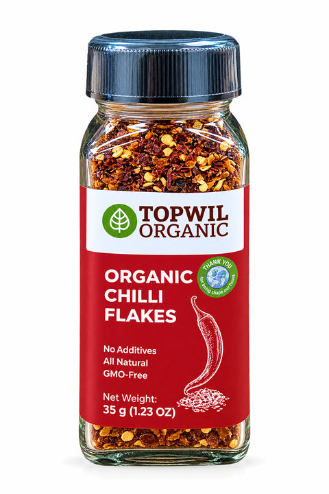 Topwil Organic Chilli Flakes 35g jar, front label