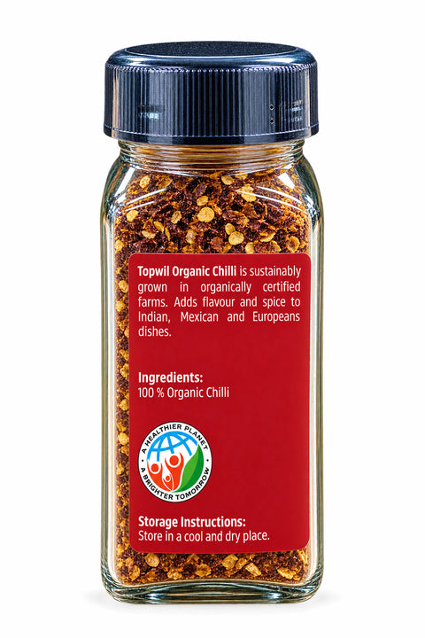 Topwil Organic Chilli Flakes 35g jar, back label with ingredients