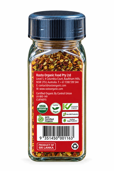 Topwil Organic Chilli Flakes 35g jar, side label with certifications and barcode