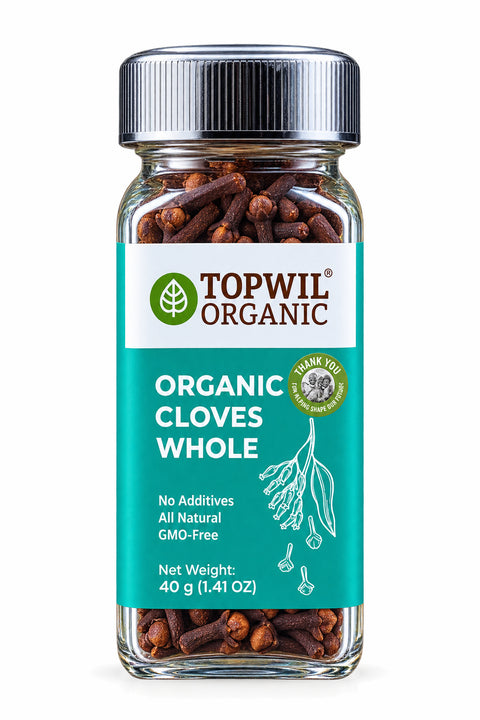 Topwil Organic Cloves Whole 40g jar, front label