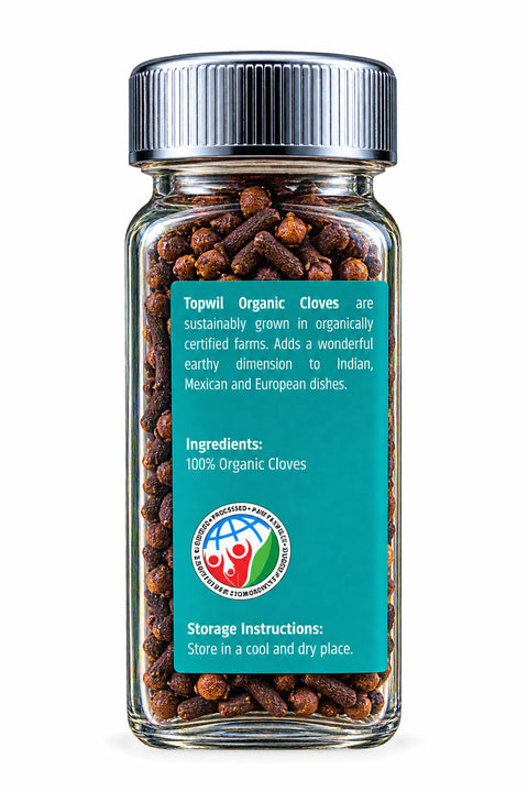 Topwil Organic Cloves Whole 40g jar, back label with ingredients
