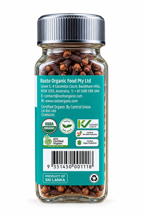 Topwil Organic Cloves Whole 40g jar, side label with certifications and barcode